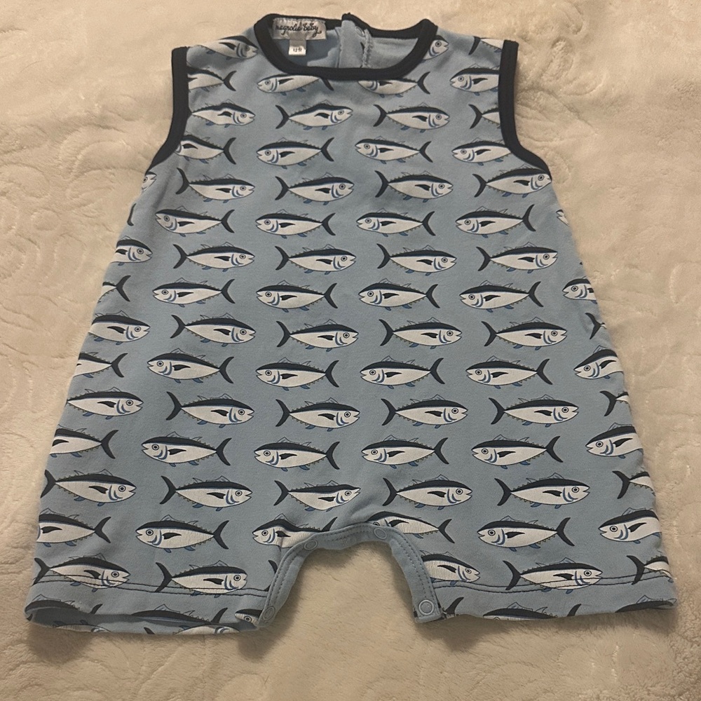 Magnolia Baby Tuna Fish Print Blue Pima Cotton Romper Sz 12m